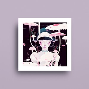 May include: An art print depicting a person amidst pink mushrooms in a dark, watery setting. The person wears a white dress and a hat. The artwork has a dreamy, surreal quality with soft colours and delicate details, creating a whimsical atmosphere.