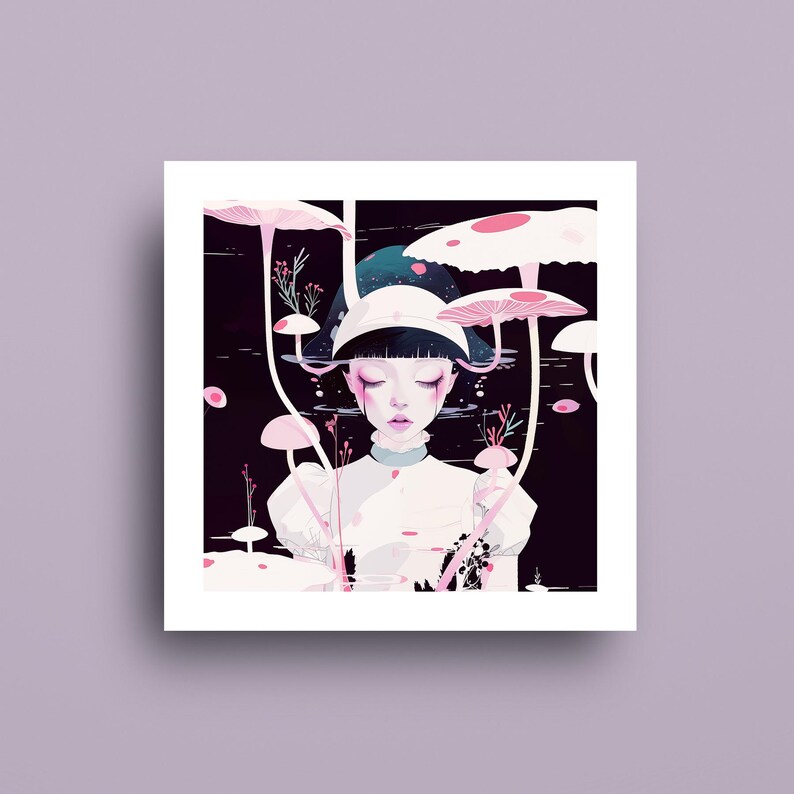 May include: An art print depicting a person amidst pink mushrooms in a dark, watery setting. The person wears a white dress and a hat. The artwork has a dreamy, surreal quality with soft colours and delicate details, creating a whimsical atmosphere.