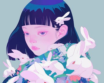 Monologue – Girl Art Print with Rabbits Fantasy Pastel Portrait Illustration Anime-Inspired Surrealism Bunny Poster Thoughtful Gift for Her