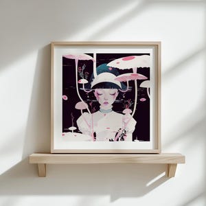 May include: Framed art print with a surreal illustration of a person amidst stylized mushrooms in pink and white against a dark backdrop. The artwork is displayed on a wooden shelf.