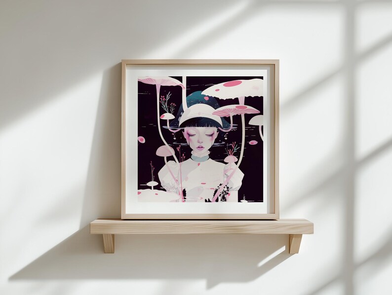 May include: Framed art print with a surreal illustration of a person amidst stylized mushrooms in pink and white against a dark backdrop. The artwork is displayed on a wooden shelf.