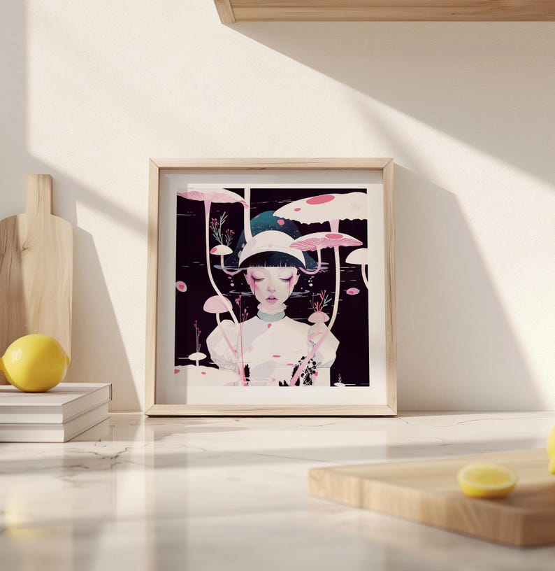 May include: Framed art print with a stylized illustration of a person amidst mushrooms. The artwork has a dark background with pink and white mushroom caps and a person in a white dress and hat. The art is in a wooden frame.