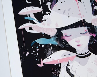 Lullaby Mushroom Fantasy Art Print Surreal Dreamscape Portrait Magical Gift for Her Nursery Decor Housewarming Birthday Gift Illustration