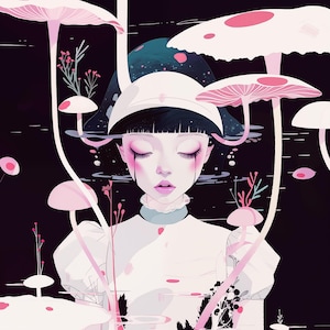 May include: An illustration of a person with closed eyes, surrounded by pink mushrooms and plants. The person wears a white dress and hat, with black hair and pink makeup. The background is dark, with a water-like reflection.