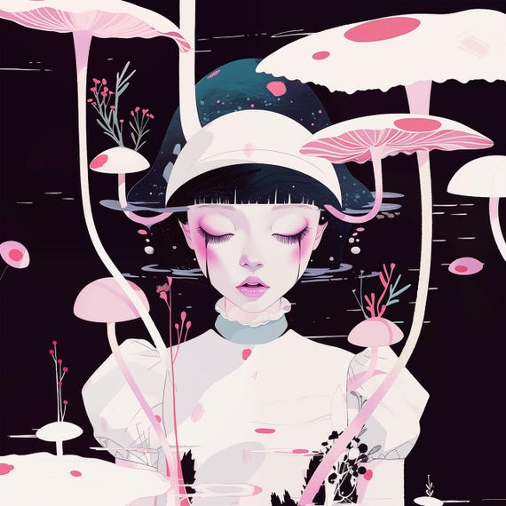 Evelyn Giclée Art Print – Surreal Feminine Portrait with Mushrooms, Fantasy Girl Square Wall Decor for Bedroom or Meditation Space