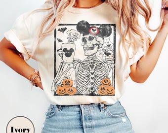 Vintage Mickey Coffee Skeleton Comfort Colors Shirt, Disney Skeleton Tee, Spooky Halloween Disney Shirt,  Halloween Family Vacation 2025 Tee