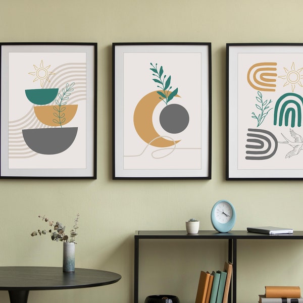 Boho Wall Art Set 3 pieces, Minimalist Bohemian Style Wall Art, Mid century modern Art prints, instant Download, Wall Art set of 3 prints.