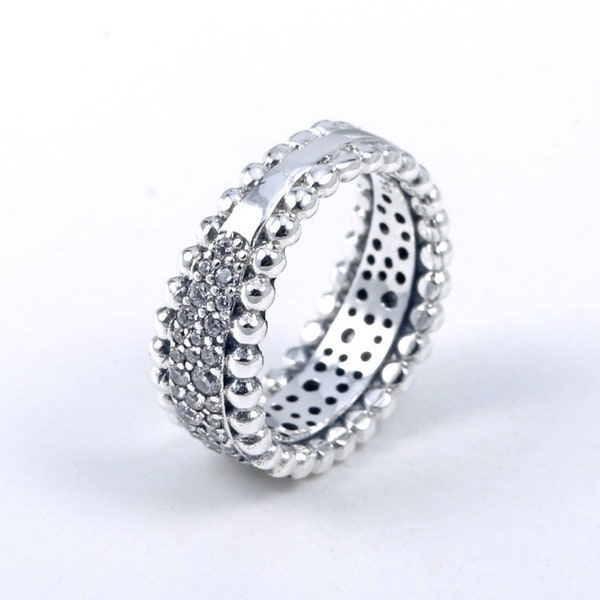 BEADED PAVE ALE S925 Sterling Silver Wide Band Ring Size 50-58