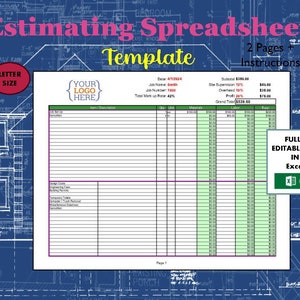 May include: A printable spreadsheet template for estimating construction costs. The template is designed for use in Microsoft Excel and includes sections for job details, labor, materials, and totals. The template is fully editable and includes instructions for use.