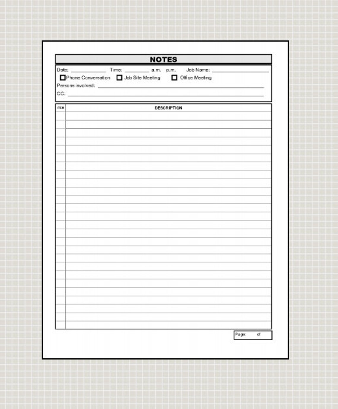Construction Note Taking Example Construction Notes, Job Notes, Fillable Form - Etsy