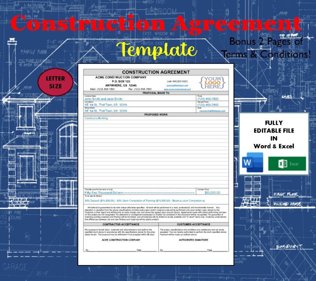 Construction Agreement Template | Microsoft WORD and EXCEL ...