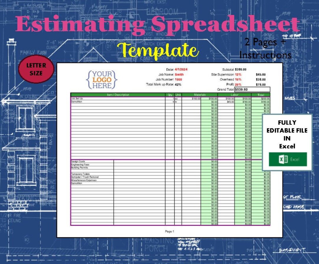 Estimating Spreadsheet for Small Projects and Establishing Budgets. - Etsy