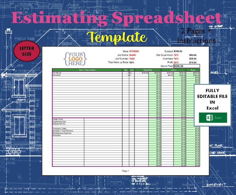 Estimating Spreadsheet for Small Projects and Establishing Budgets. - Etsy