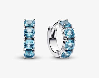 Boucles d'oreilles créoles Huggie bleu glacier en argent sterling S925 Pandora Quatre CZ pavées