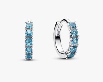 Isblå Huggie Hoop Örhängen S925 Sterling Silver Pandora Fem CZ Pavé Örhänge