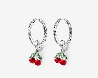 Boucles d'oreilles créoles à breloques cerises rouges en argent sterling S925 Pandora