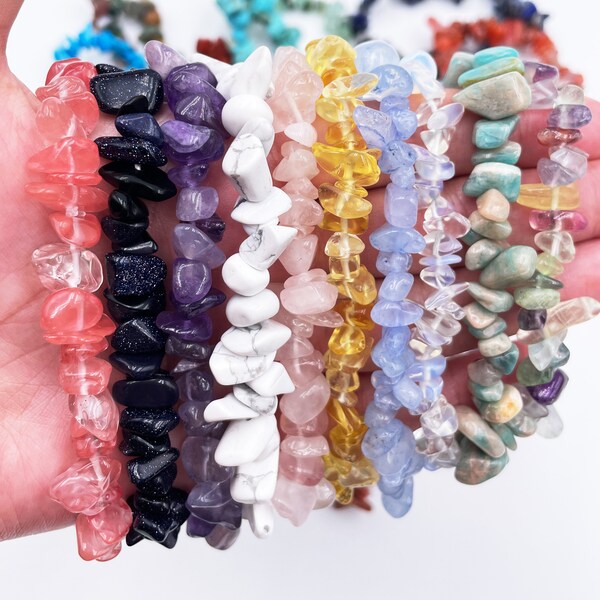 Pulseras de chip elástico de cristales naturales, pulsera emstone, pulsera para mujer, pulsera de chip de cristales curativos, para pulseras de cristales de regalo