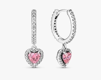 Glittrande Halo Hjärta Diamanthänge Örhängen S925 Sterling Silver Pandora CZ Pavé Örhänge