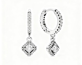 Boucles d'oreilles créoles scintillantes avec pendentif diamant carré Pandora en argent sterling S925 pavé de la ZC