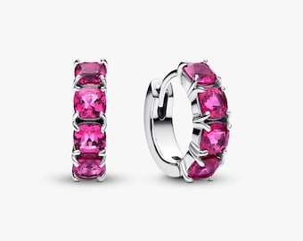 Boucles d'oreilles roses Huggie en argent sterling S925 Pandora Quatre CZ pavées
