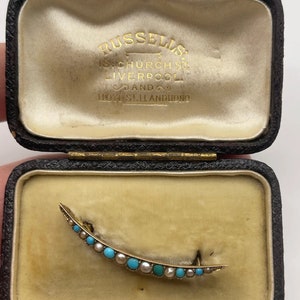 9ct gold turquoise and pearl crescent brooch.. original box zdjęcie 1