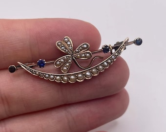 9ct gold sapphire and pearl brooch