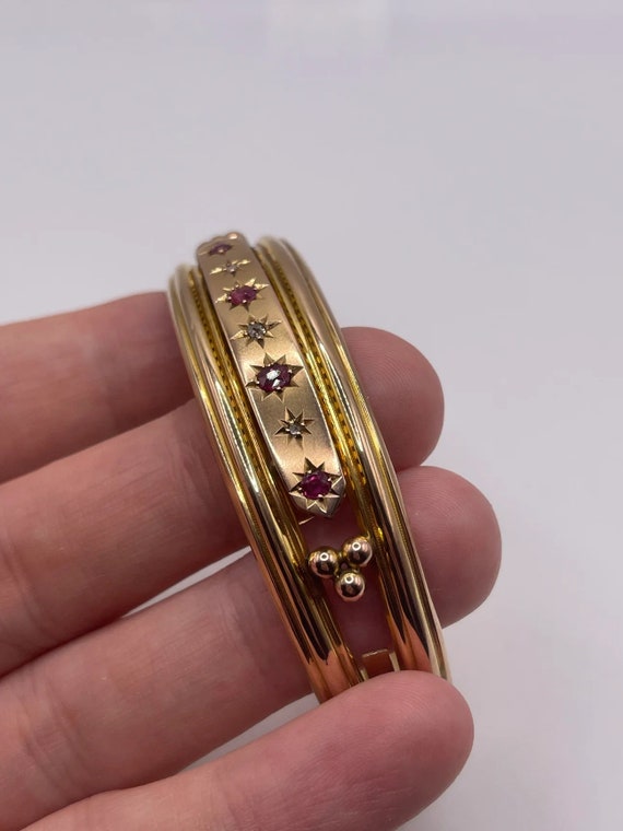 Antique 9ct gold ruby and diamond bangle - image 2