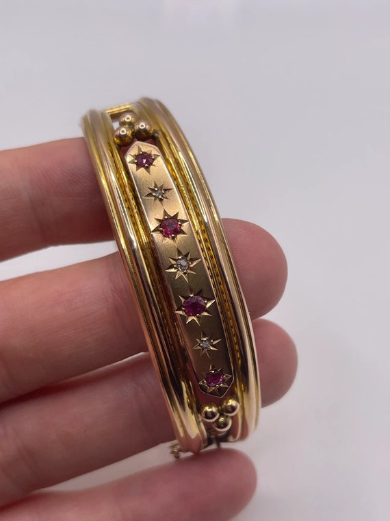 Antique 9ct gold ruby and diamond bangle