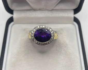 18kt tweekleurige gouden ring met amethist en diamant