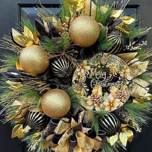 Black and Gold Christmas Wreath with Ornaments, Elegant Holiday Door Décor, Glittering Gold & Striped Ornaments, Merry Christmas Sign