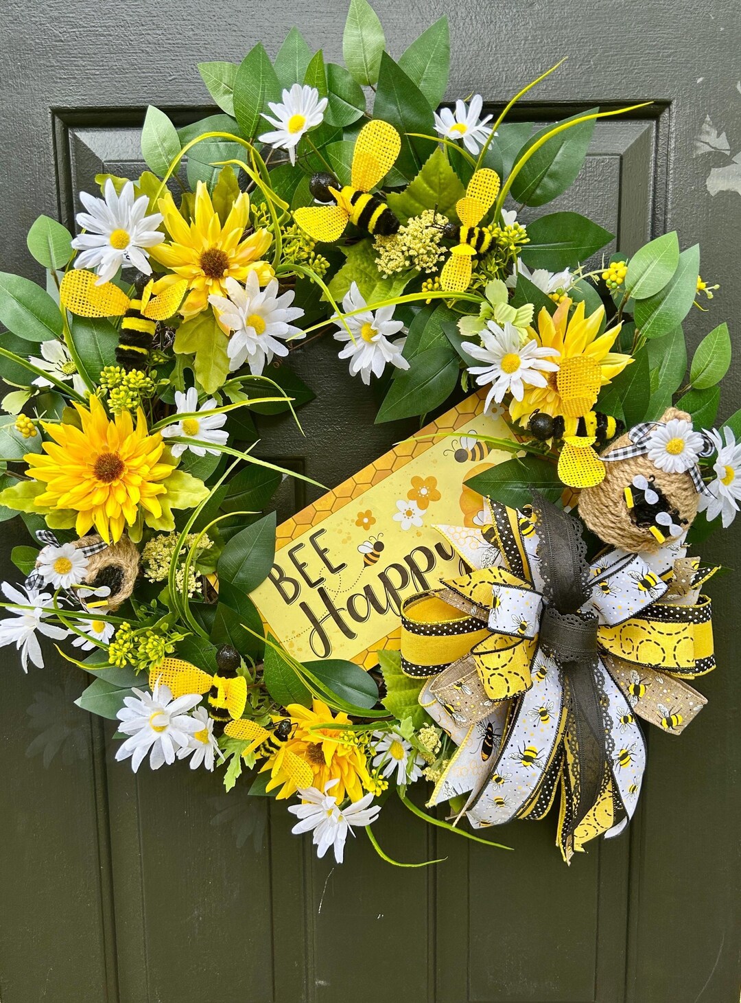Bumblebee Wreath for Front Door, Bee Happy Grapevine Wreath, Sunflower ...