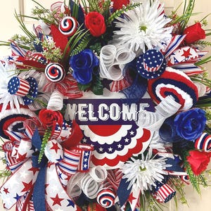 Patriotic Welcome Wreath for Front Door, 4th of July Red White Blue Wreath, Memorial Day Decor, Americana Summer Wreath, Uncle Sam decor,