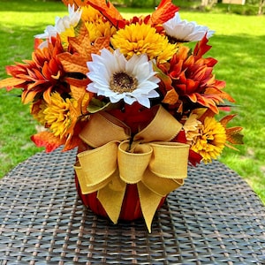 Pumpkin Fall Floral Arrangement: Sunflowers, Mums & Autumn Leaves