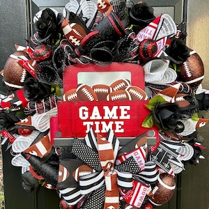 Game Time Football Wreath – Designer Sports Decor, Football Themed Door Wreath, Tailgate Party Decoration, black and red football wreath
