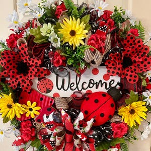 Ladybug Welcome Wreath for Front Door, Summer Red Yellow Floral Wreath with Bow, Ladybug Decor, Spring Farmhouse Decor, Ladybug door sign,