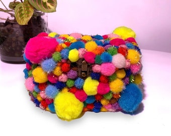 The Pompons Box ~ Small wooden jewelry, trinkets or storage colorful FUNky box