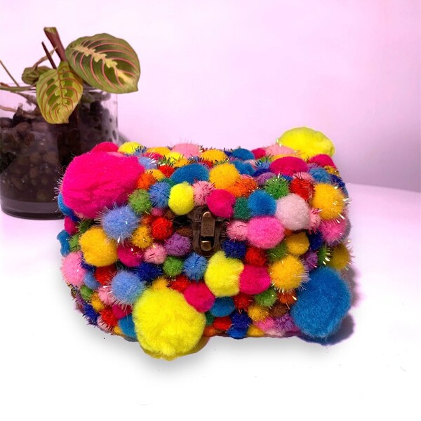 The Pompons Box ~ Small wooden jewelry, trinkets or storage colorful FUNky box