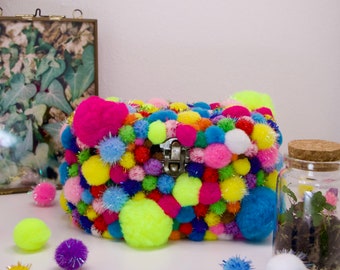 The Pompons Box ~ Small wooden jewelry, trinkets or storage colorful FUNky box