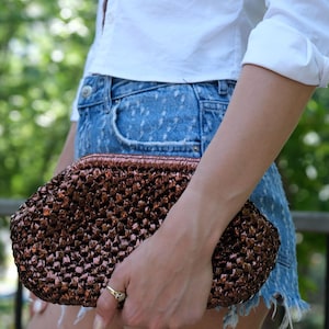 Bronze Woven Metallic Raffia Leather Pouch Clutch Hand Bag | Evening Wedding Clutch Bag | Gift For Her