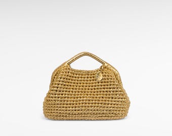 Handgemaakte goudkleurige gehaakte clutch: metallic raffia avondtasje