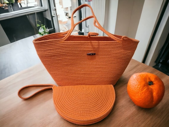 Beach Bag, Orange, Daily Use, Handmade, Cotton Rope, Women's, Summer, Eco-Friendly, Gift for Her, Mother's Day Gifts