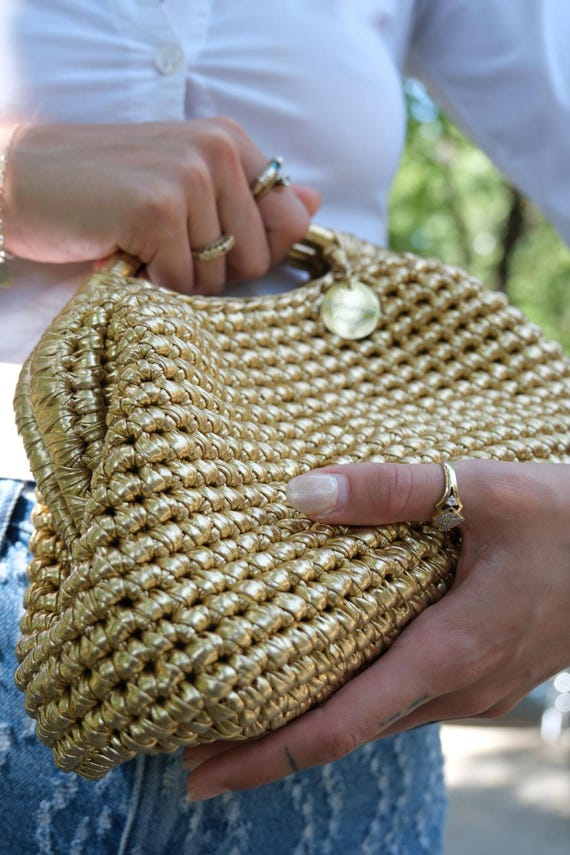 Handmade Gold Crochet Clutch Bag: Metallic Raffia Evening Bag - Etsy