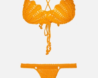 Ensemble de bikini orange au crochet avec haut en forme de coquillage et bas cauri à pois