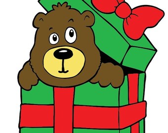 Bear in Christmas Present SVG File Color B&W