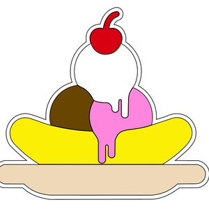 Geschichtete Banana Split Eiscreme Erdbeer Vanille und Schokolade mit Kirsche SVG-Datei
