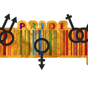 May include: A wooden sign with the word "PRIDE" in rainbow colors. The sign has a barcode design with rainbow stripes. Black gender symbols are placed around the sign, including male, female, and combined symbols.