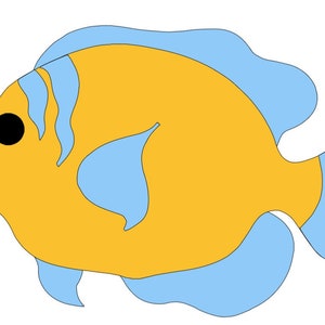 May include: A cartoon illustration of a yellow fish with blue fins and a black eye. The fish has a blue stripe pattern on its side.