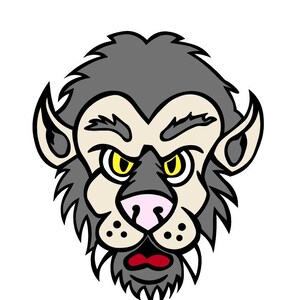 Puede incluir: Una ilustración de dibujos animados de la cara de un hombre lobo con pelaje gris, ojos amarillos y nariz rosa. El hombre lobo tiene una expresión amenazante con los dientes descubiertos.