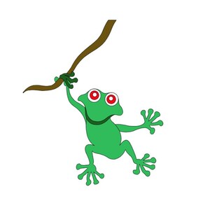 May include: A green cartoon frog with red eyes and a big smile is hanging from a brown branch. The frog has long arms and legs and is holding onto the branch with its front paws.