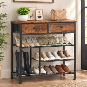 May include: A rectangular entryway storage console with a black metal frame and two rustic brown wood-grain drawers. The unit features three tiers of wire shelving holding various footwear, including high heels, boots, and sneakers.